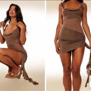 Pretty little things Brown Cowl Neck Ruched Mini Dress - Women